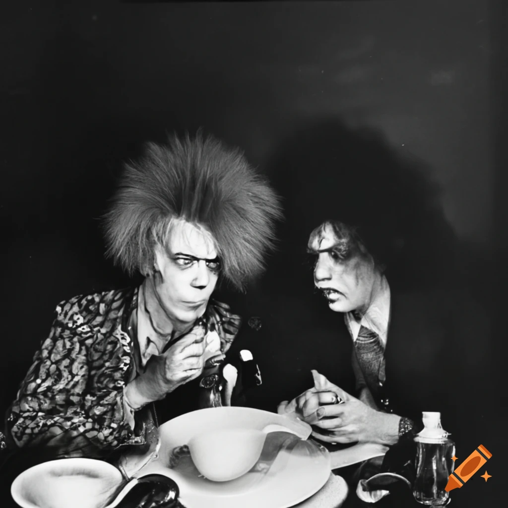 David Bowie and Robert Smith having tea with the Mad Hatter