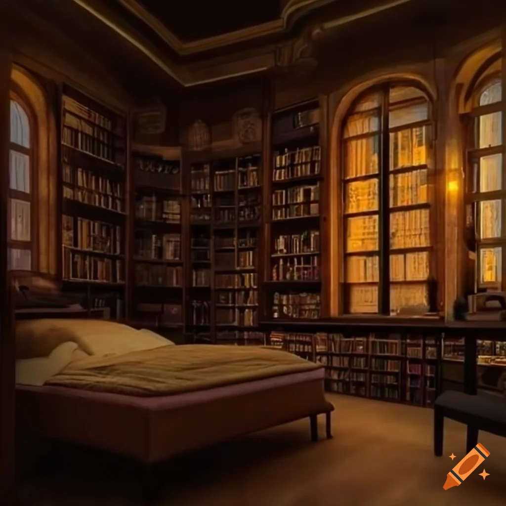 Cozy art deco library with a reading nook overlooking a city at night