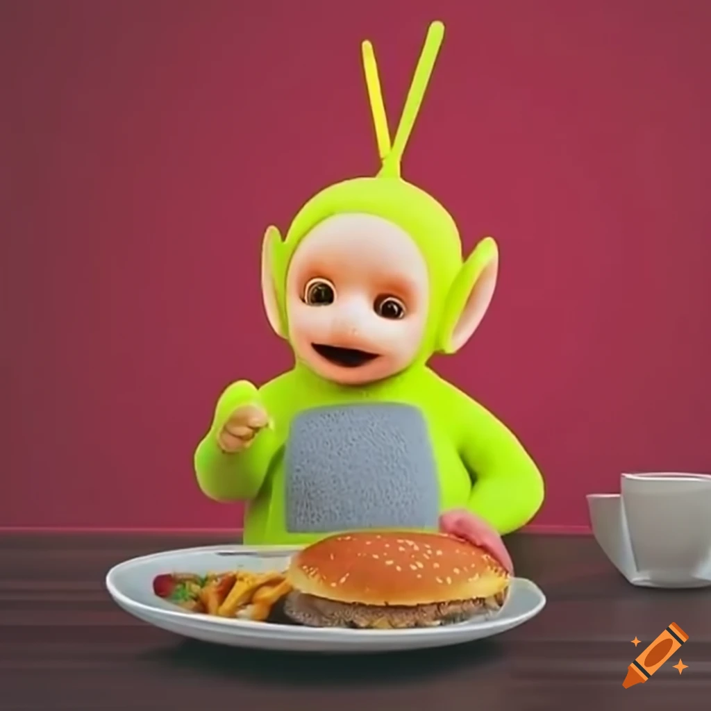 Teletubbies enjoying burgers and fries in a diner