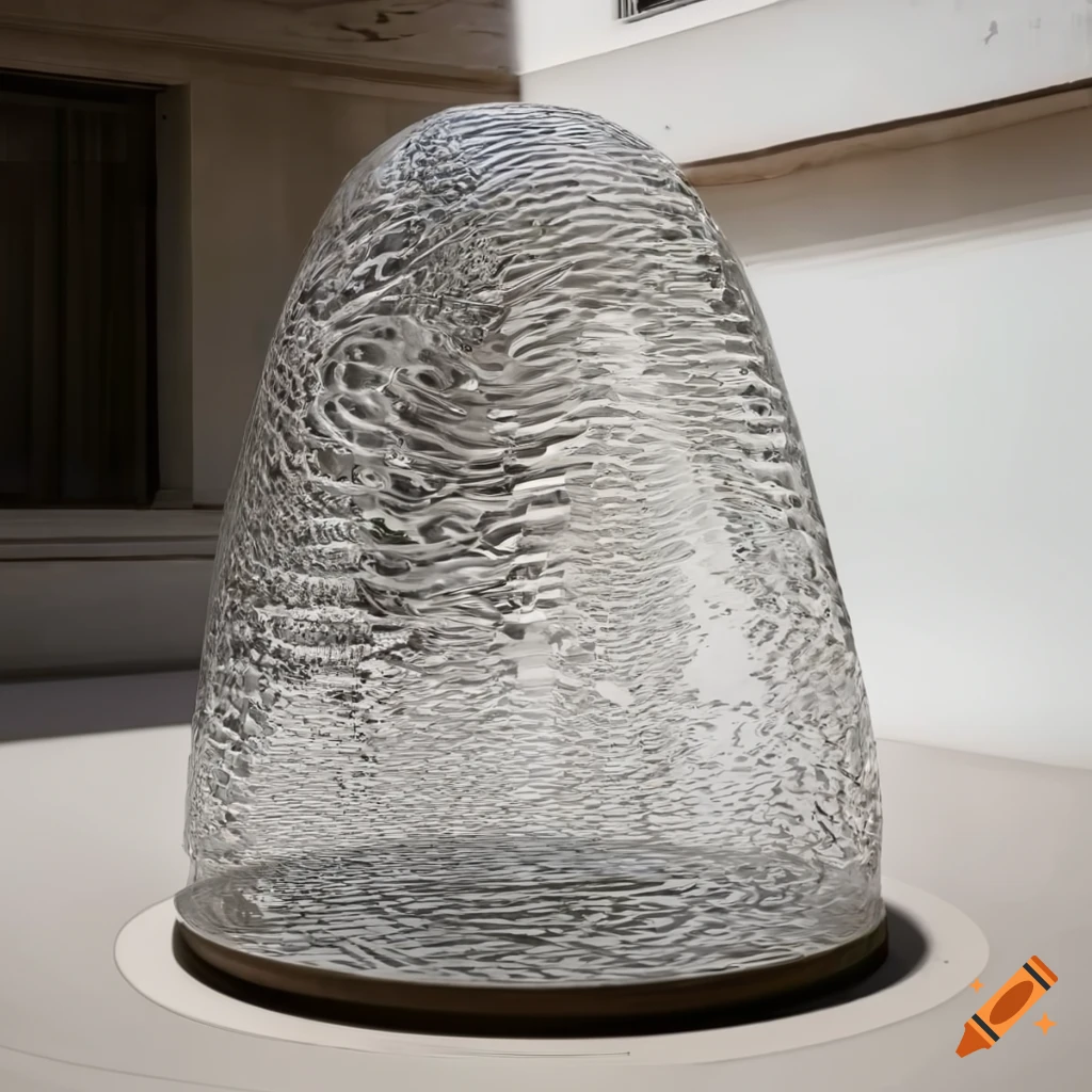 Translucent sculpture on sturdy pedestal in a courtyard
