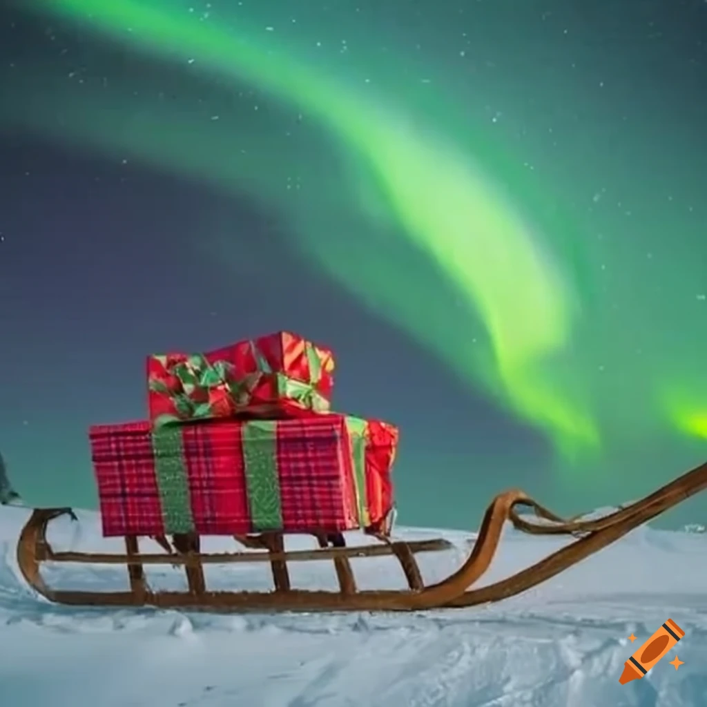 Sled filled with Christmas presents flying under the aurora borealis