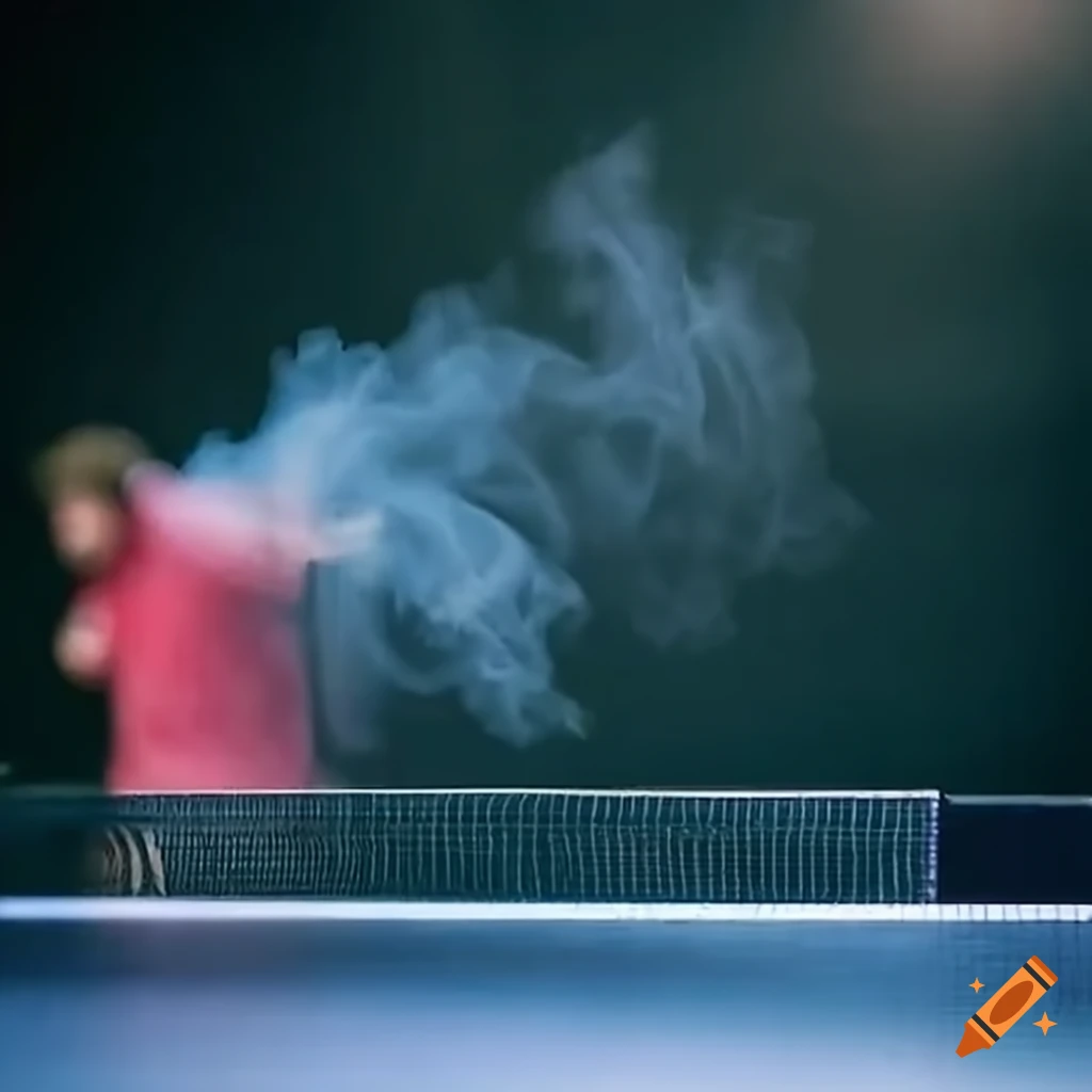 Intense table tennis match with smoky court