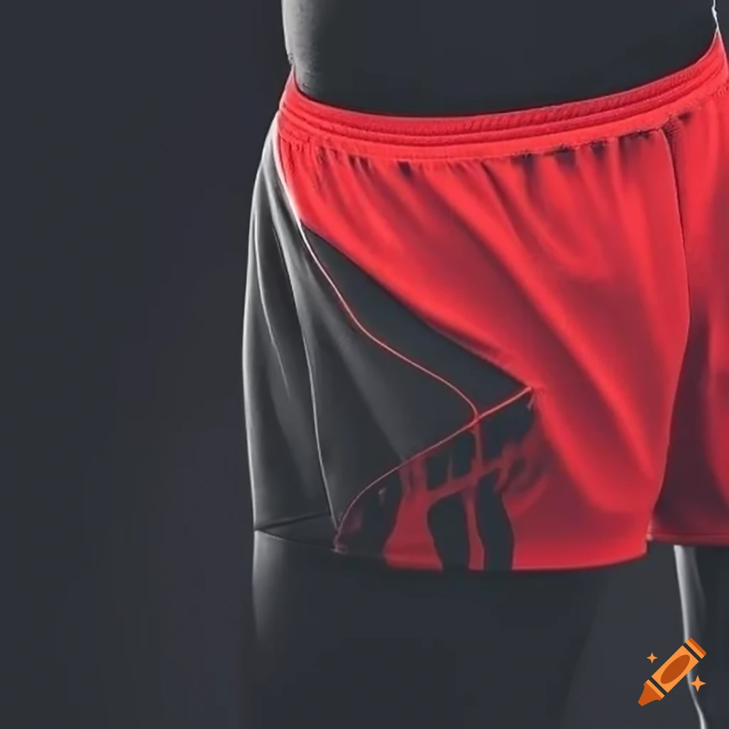 Sleek and bold athletic sports shorts in bright red and black colors with a racing vibe