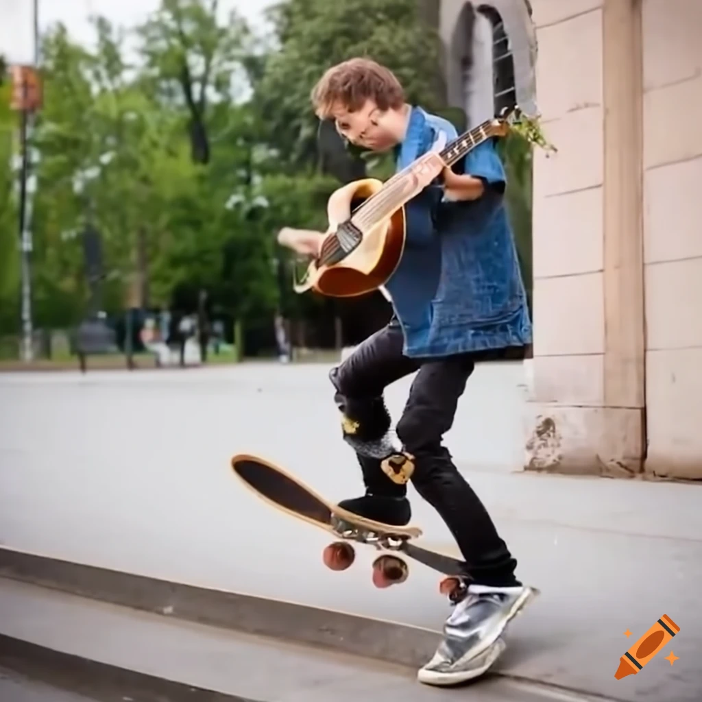 Skater performing an Ollie while playing a guitar