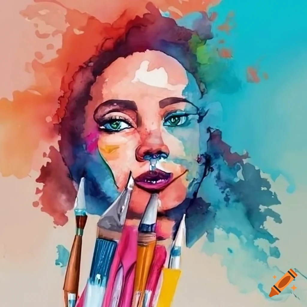 Watercolour portrait of a woman with paintbrushes and colors on Craiyon
