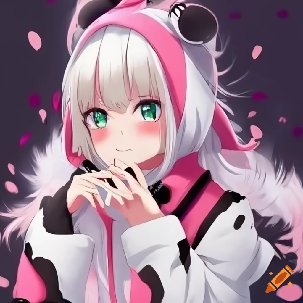 Panda girl wearing white and pink hoodie in anime style