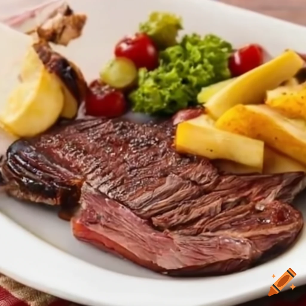 Juicy entrecote steak with barbecue sauce and duchess potatoes on Craiyon