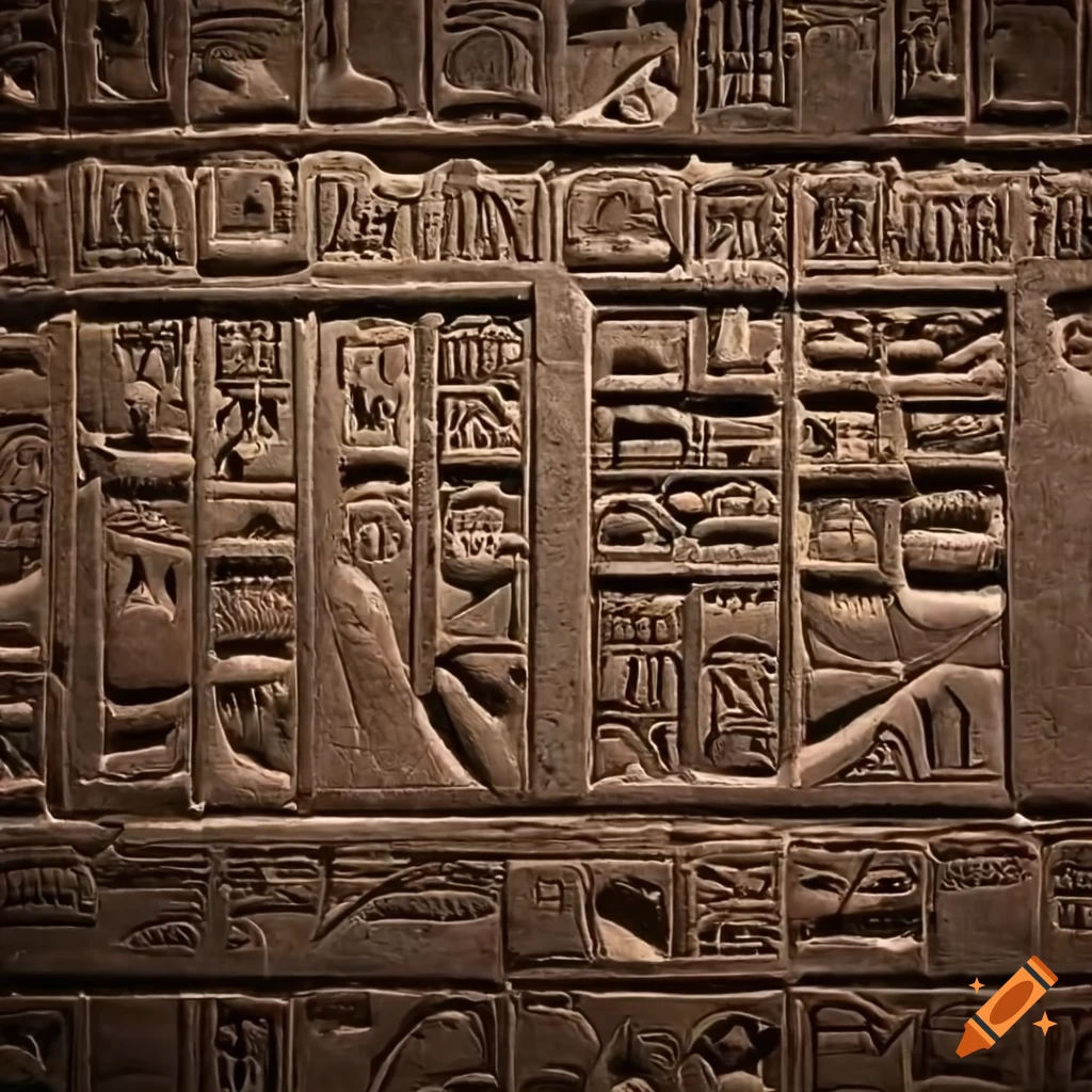 Ancient Egyptian hieroglyphics carved in granite with stunning art and intricate detail