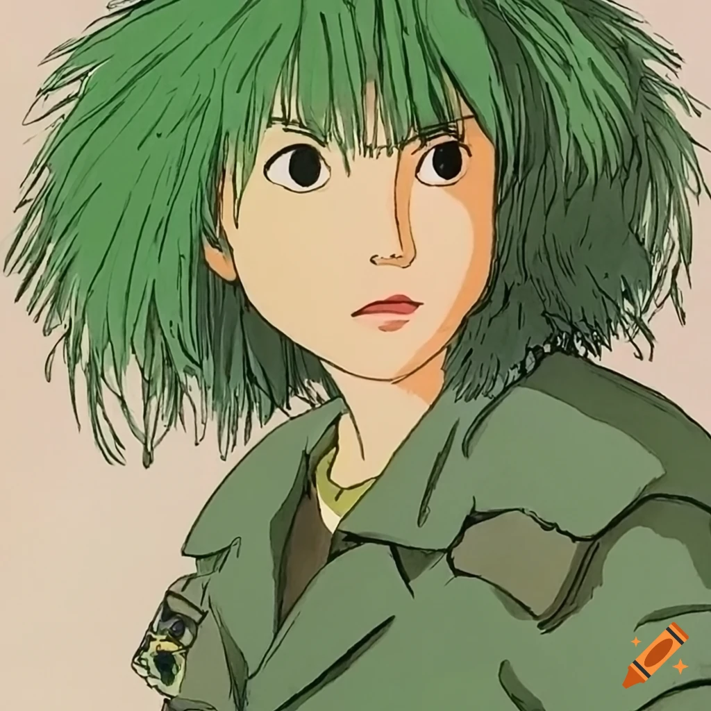 Colorful ink drawing of a tough beautiful woman with a green shag mullet and army jacket by Hayao Miyazaki