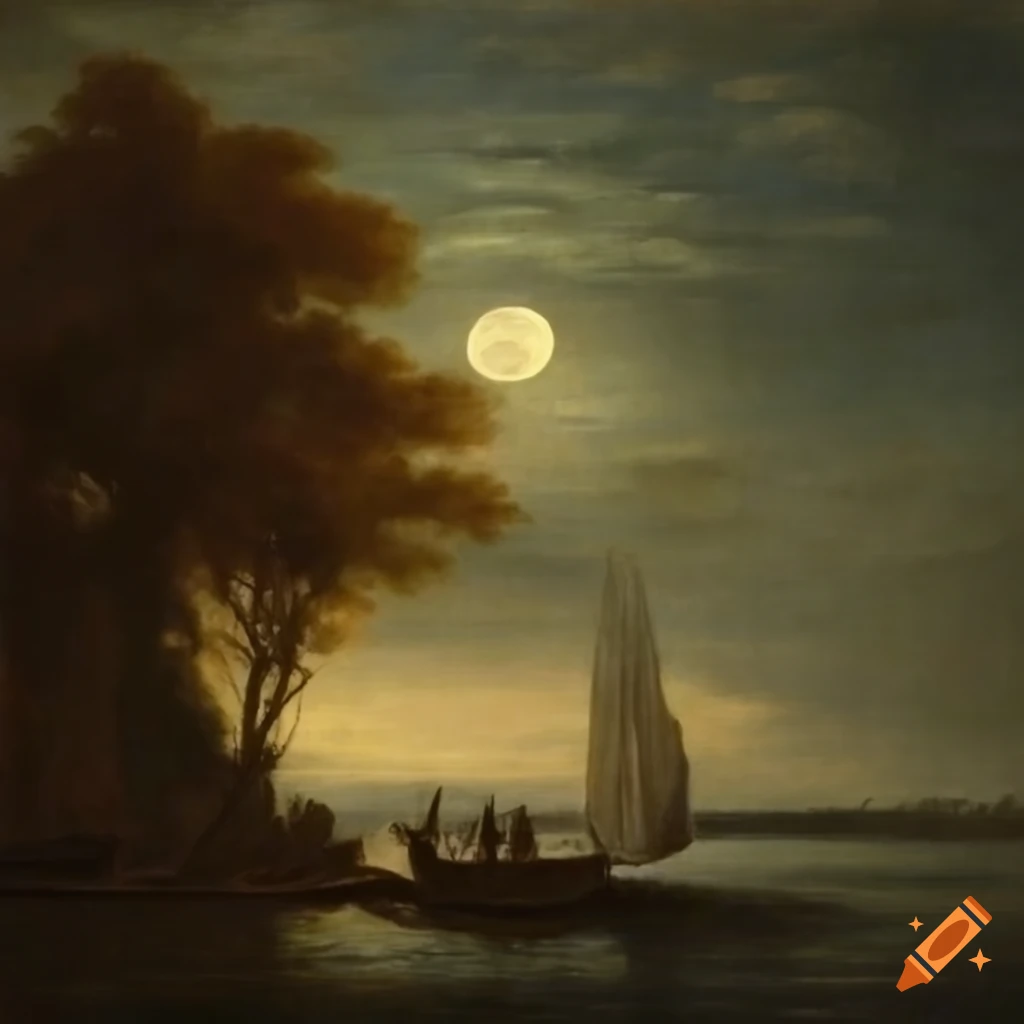 Realistic angels under moonlight with a sailing boat in a museumworthy