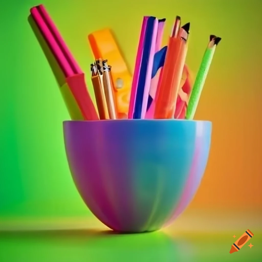 Colorful office stationery in a bowl of jelly on Craiyon