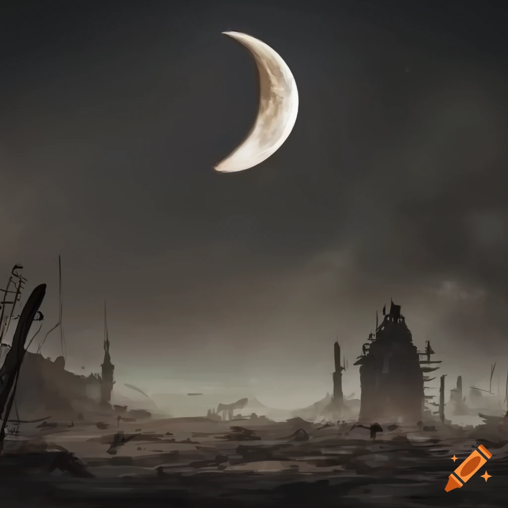 Half moon over a post-apocalyptic wasteland