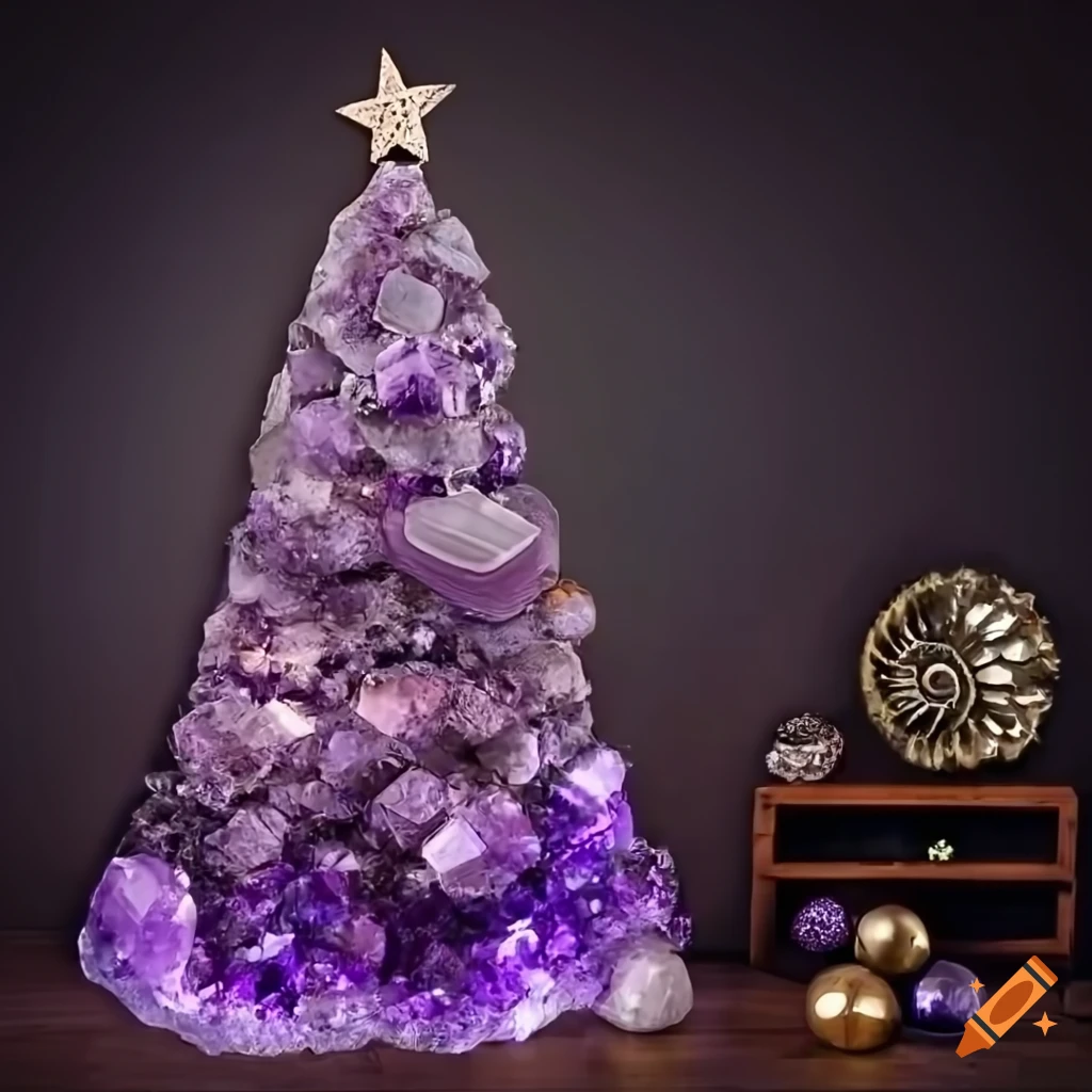 Realistic christmas tree decorated with geological ornaments in a warm