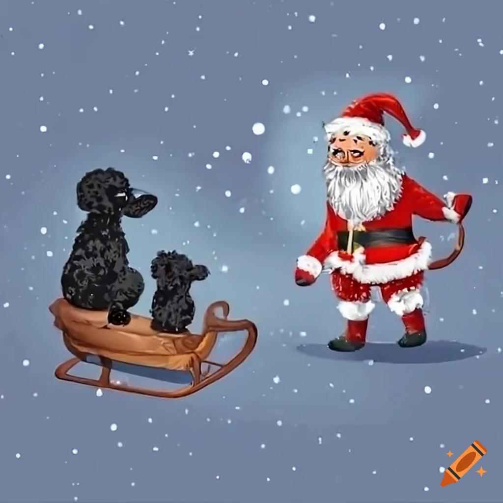 Poodle puppies and mother playing in the snow with santa on a flying ...