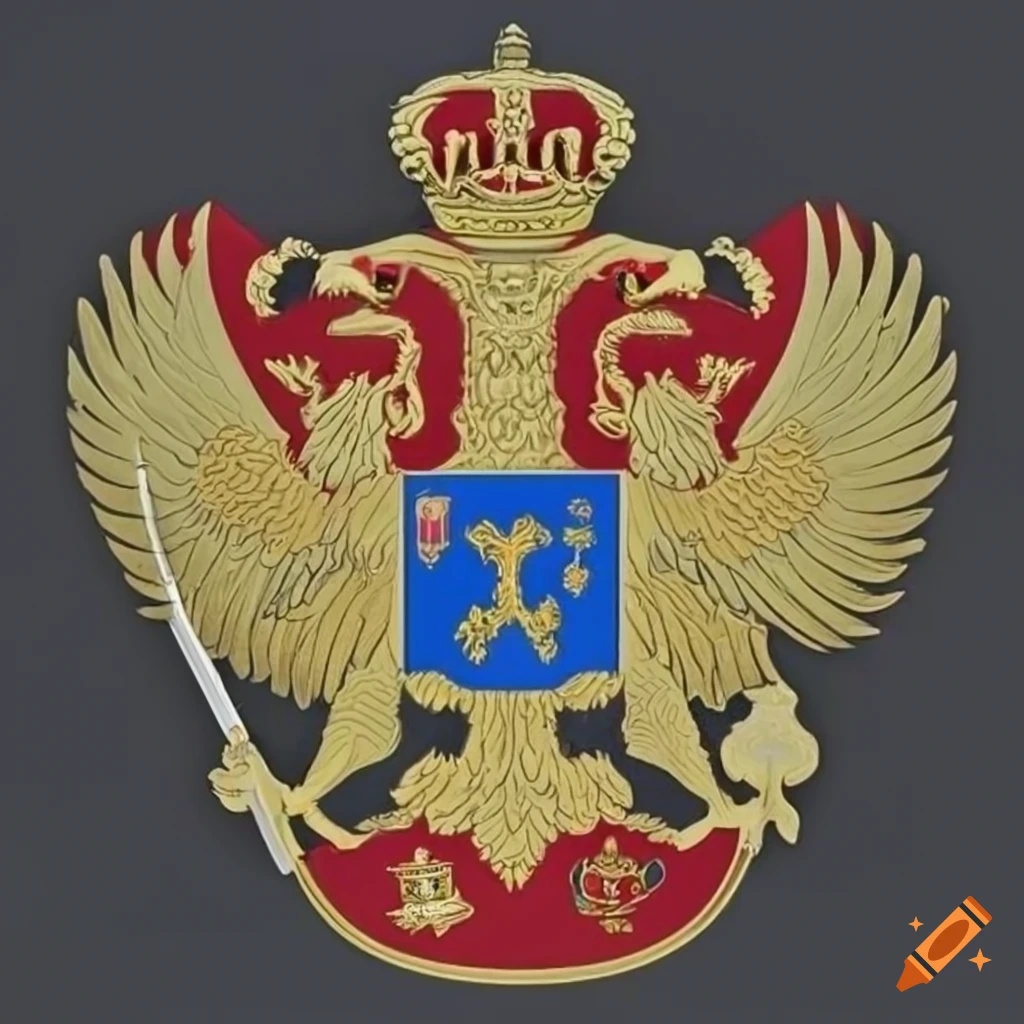 Coat of arms with two-headed eagle, montenegro flag colors, Vlahović name, mountains, seas, lion in centre, big crown