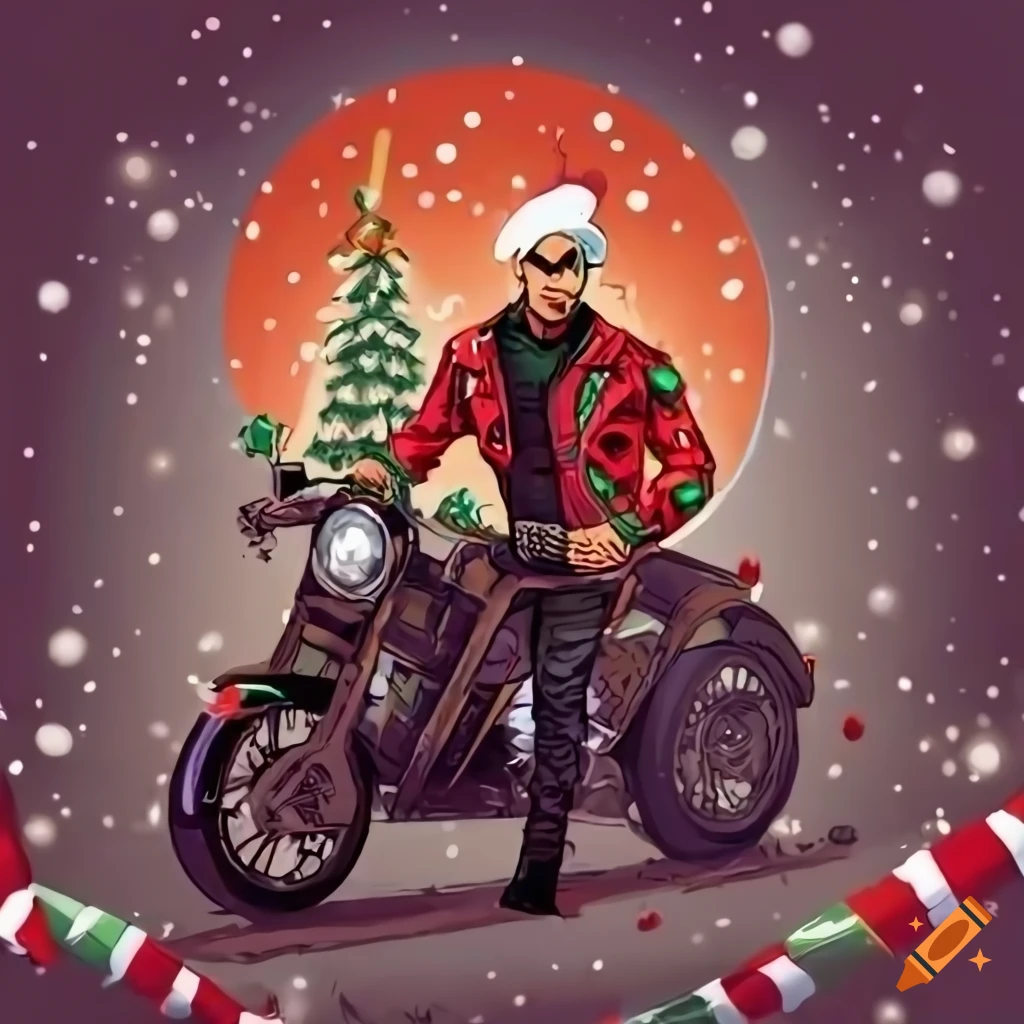 Cool biker riding a motorbike with christmasthemed jacket on Craiyon