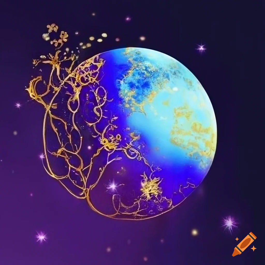 Blue, golden, and purple moon map with glowing edges and glitter on Craiyon