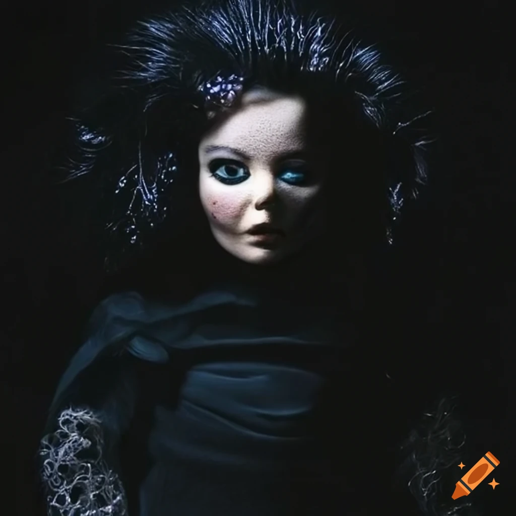 Creepy Doll Resembling Bjork On A Spooky Black Background On Craiyon a-creepy-doll-with-very-human-eyes-staring-out-at-the-stable
