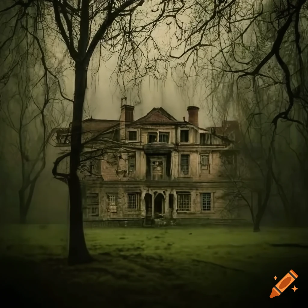 Exterior shot of a dilapidated misty mansion with overgrown vines on
