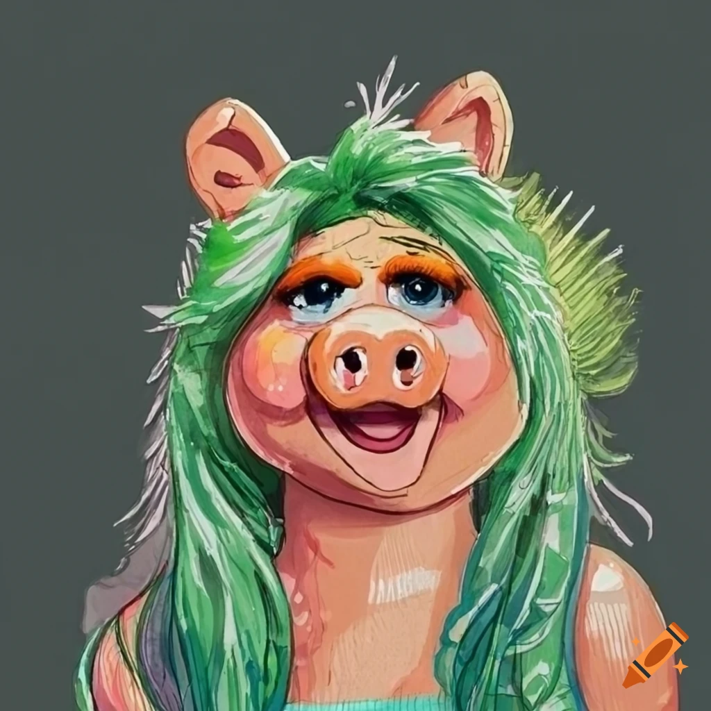 Colorful ink drawing of miss piggy with a green mullet on Craiyon