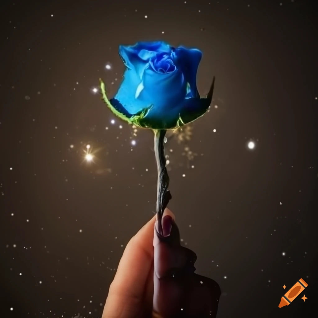 Hand holding blue rose with glitter on dark background