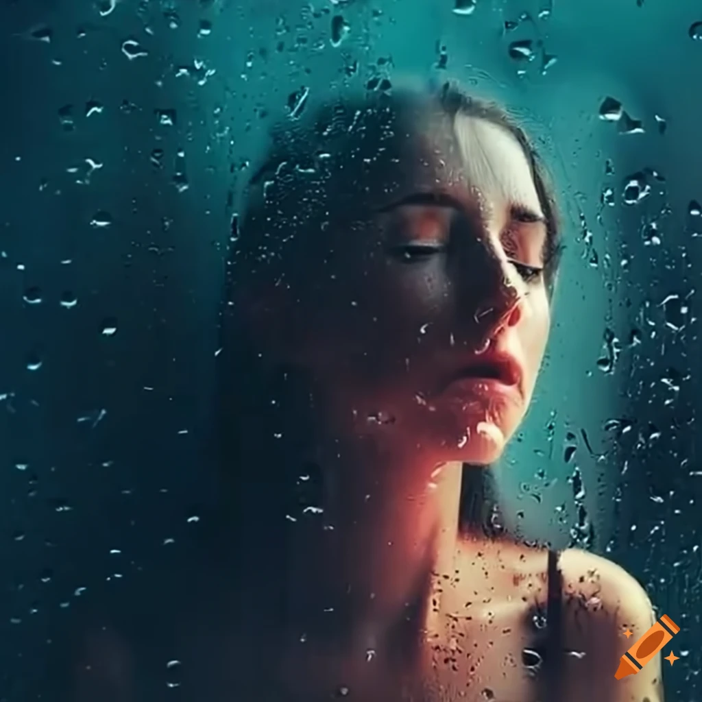 Woman looking out of rainsoaked window with dreamy expression on Craiyon