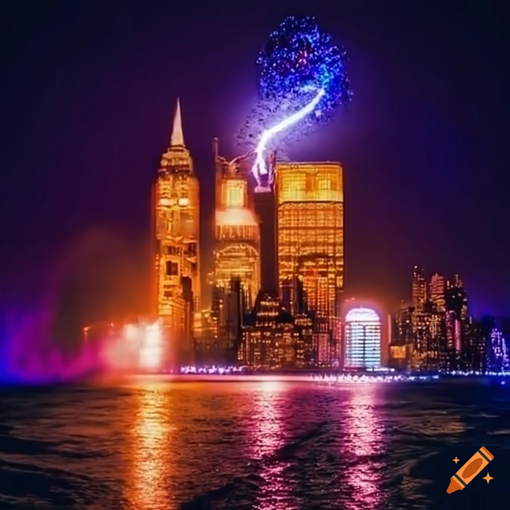 Colorful glitter explosion on the streets of New York at twilight