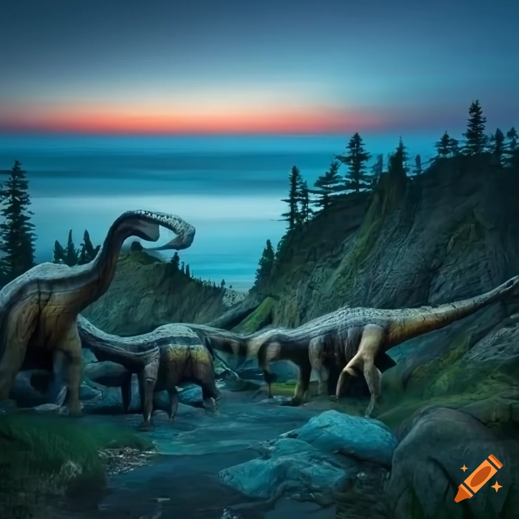 Group of diplodocus walking along the British Columbia coast with forested cliffs in the morning