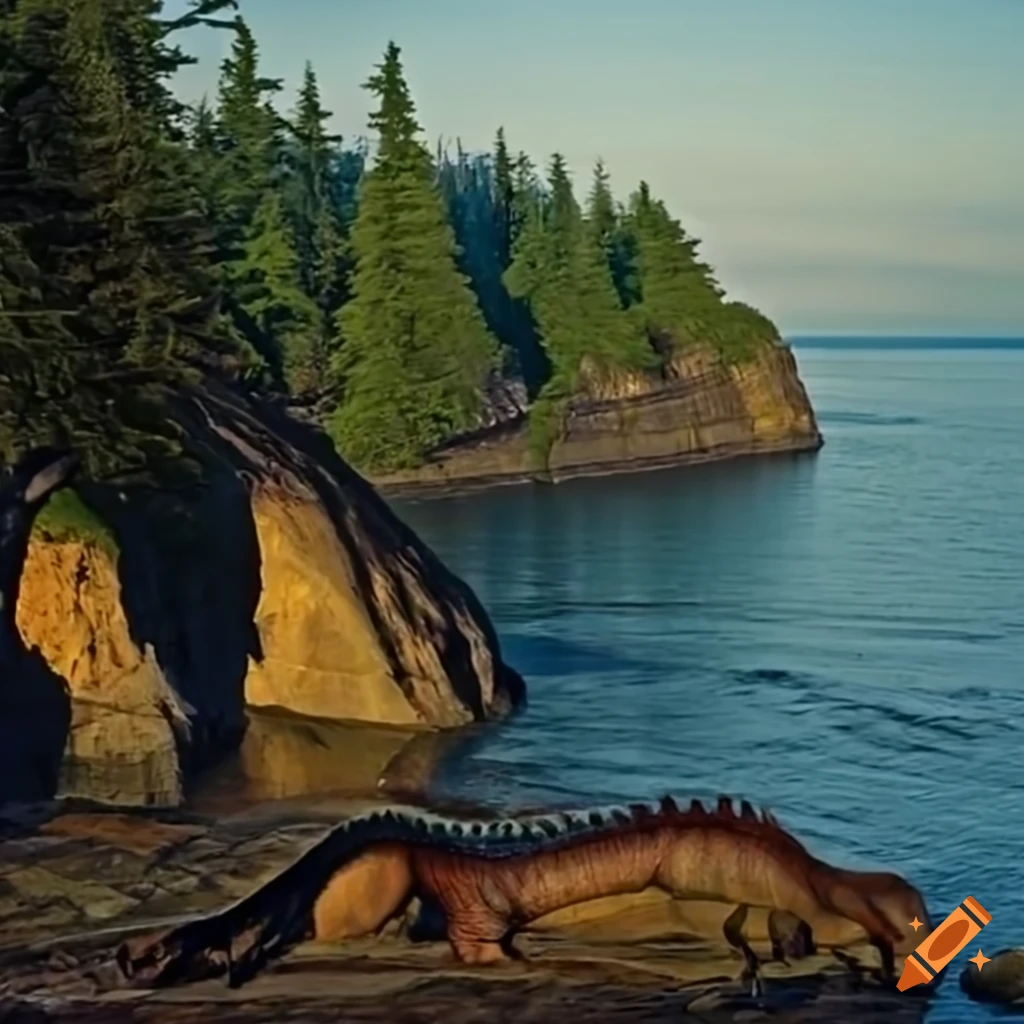 Group of diplodocus walking along the British Columbia coast with forested cliffs in the morning