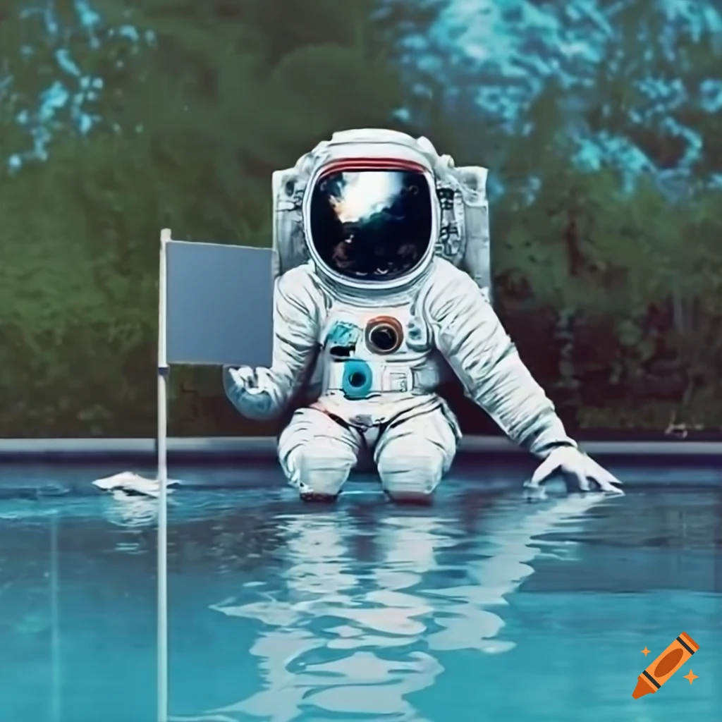 Astronaut sitting by a pool holding a sign