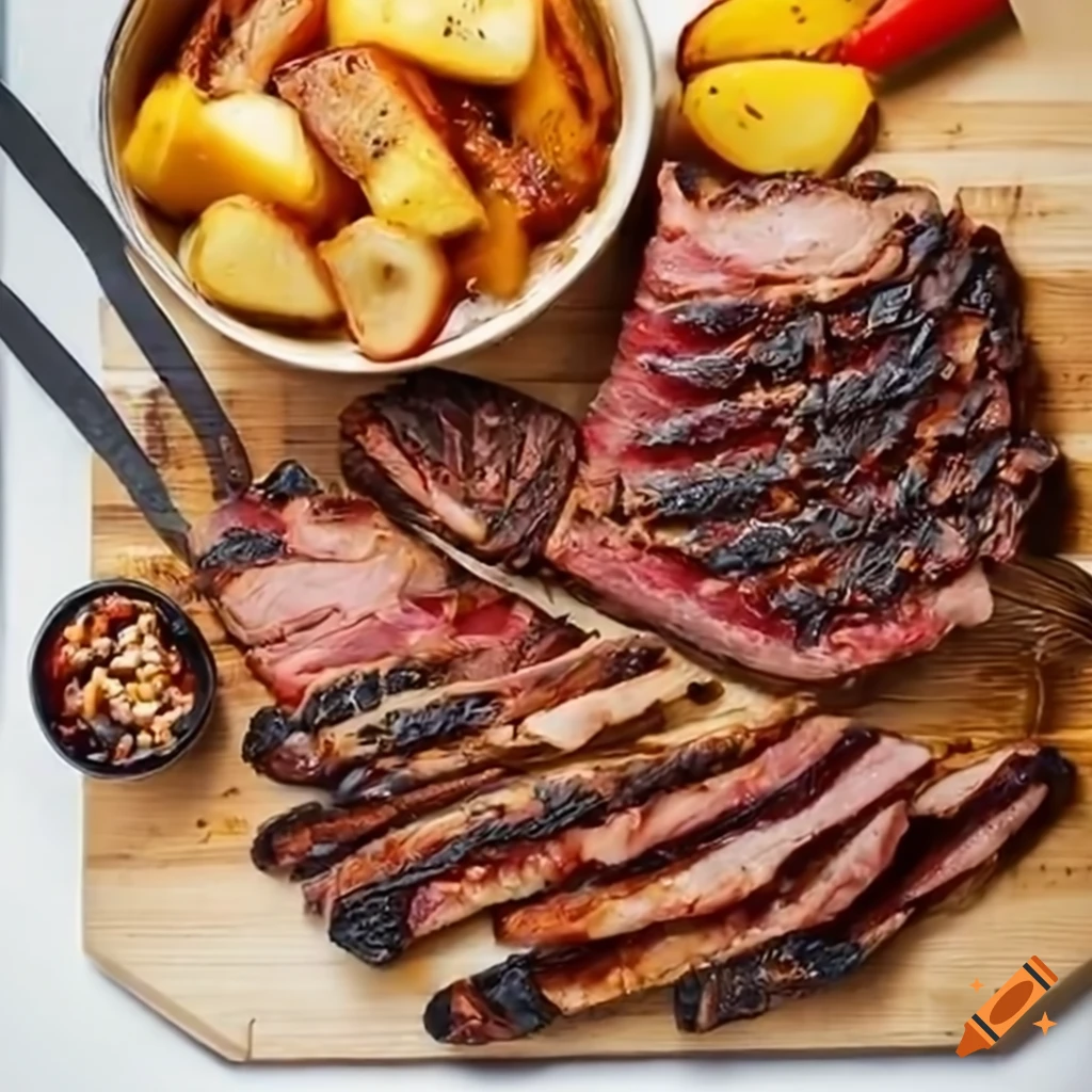 Juicy entrecote steak with barbecue sauce and duchess potatoes on Craiyon