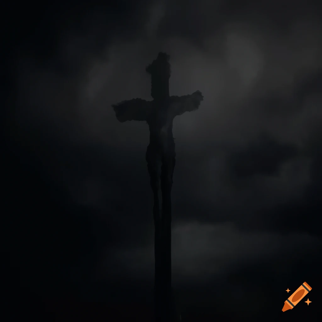 Depiction of Jesus's crucifixion with a dark clouded sky