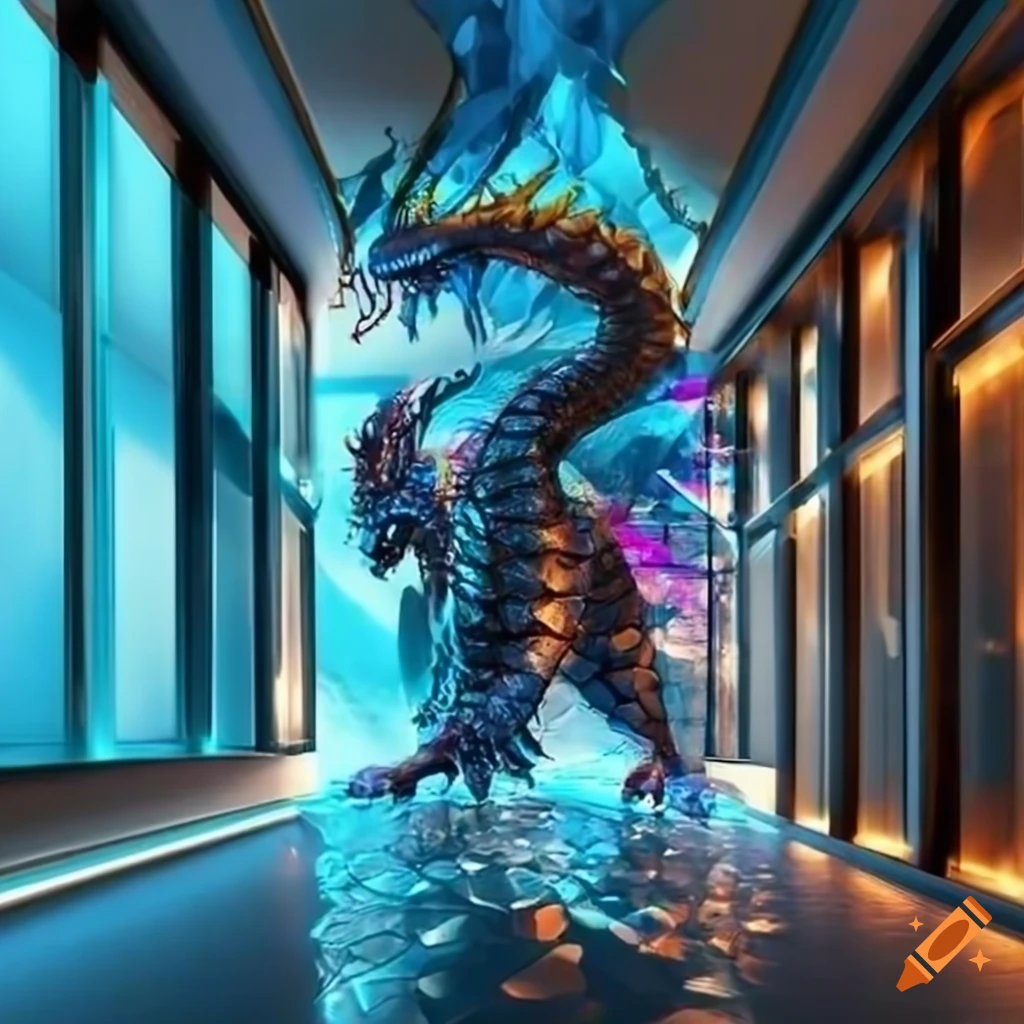 Crystal dragon in a modern hotel corridor on Craiyon