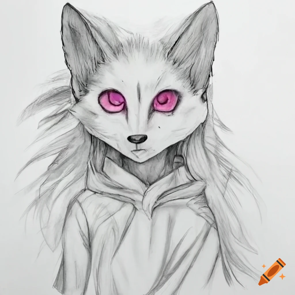 Anthropomorphic Kitsune with pink eyes in a Classic Anime Art style