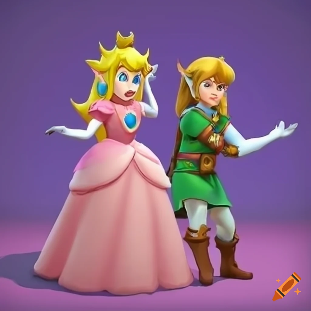 Princess Peach and Link in pink silk ballgowns posing together