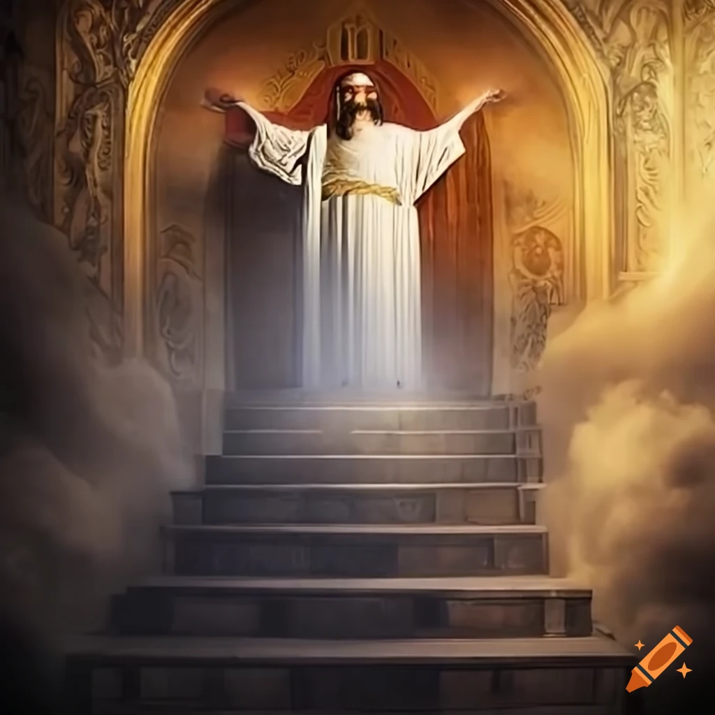 Heaven with Jesus seated on the throne in a divine setting