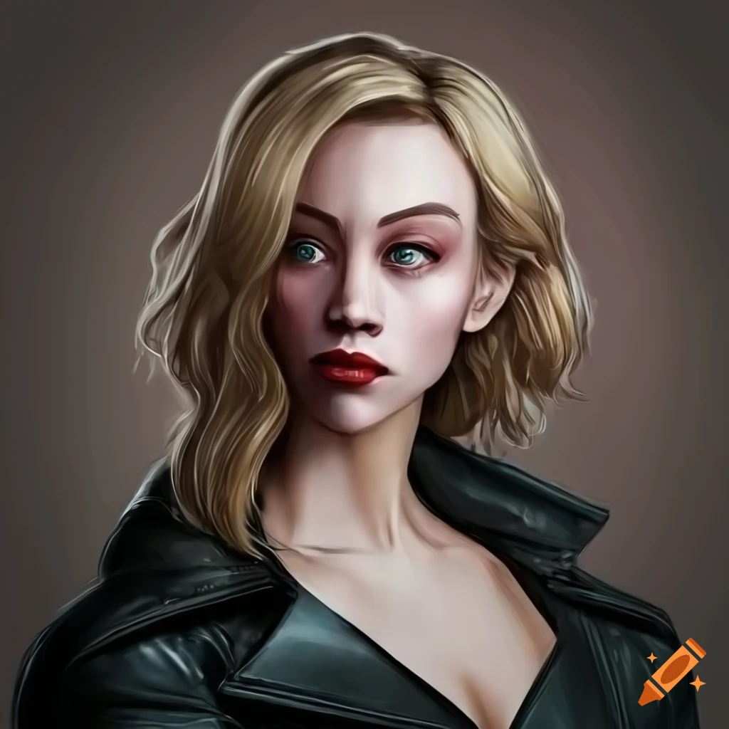 Comic book bust of sarah gadon in a black leather coat on Craiyon
