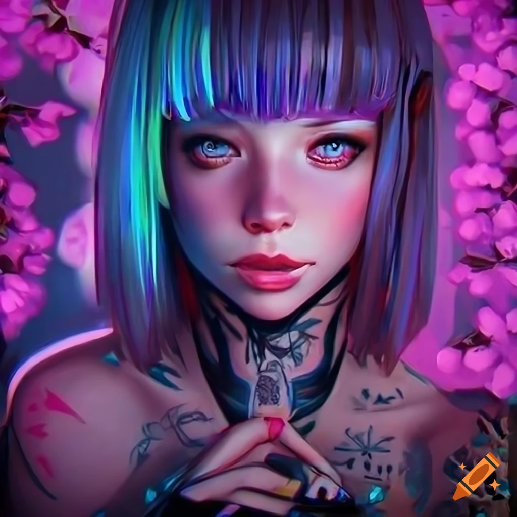 Futuristic cyberpunk girl with meshed pastel hair and black dress on