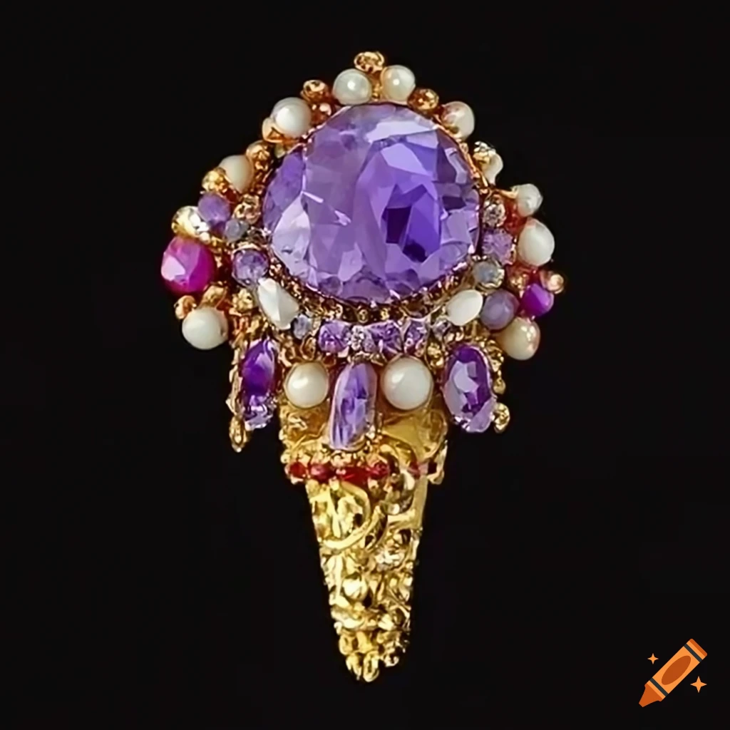 Rococo inspired beaded brooch in ruby red, shocking lilac purple, and buttery gold