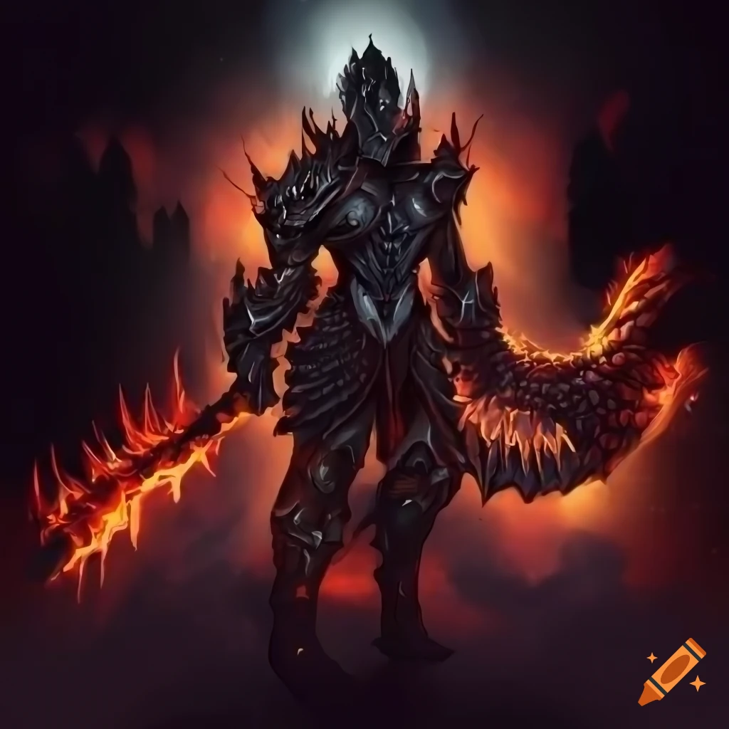 Muscular cybernetic dragon warrior in detailed armor with flames and ...