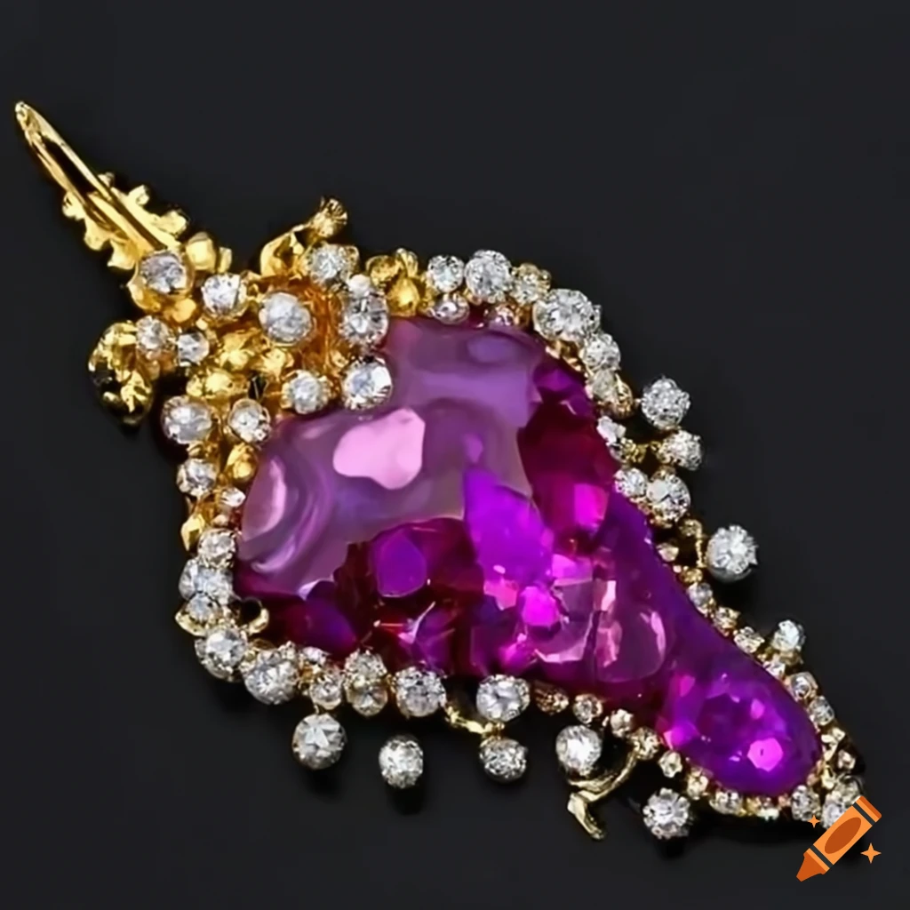 Rococo-inspired brooch with sparkling ruby and gemstones in ruby red and lilac colors