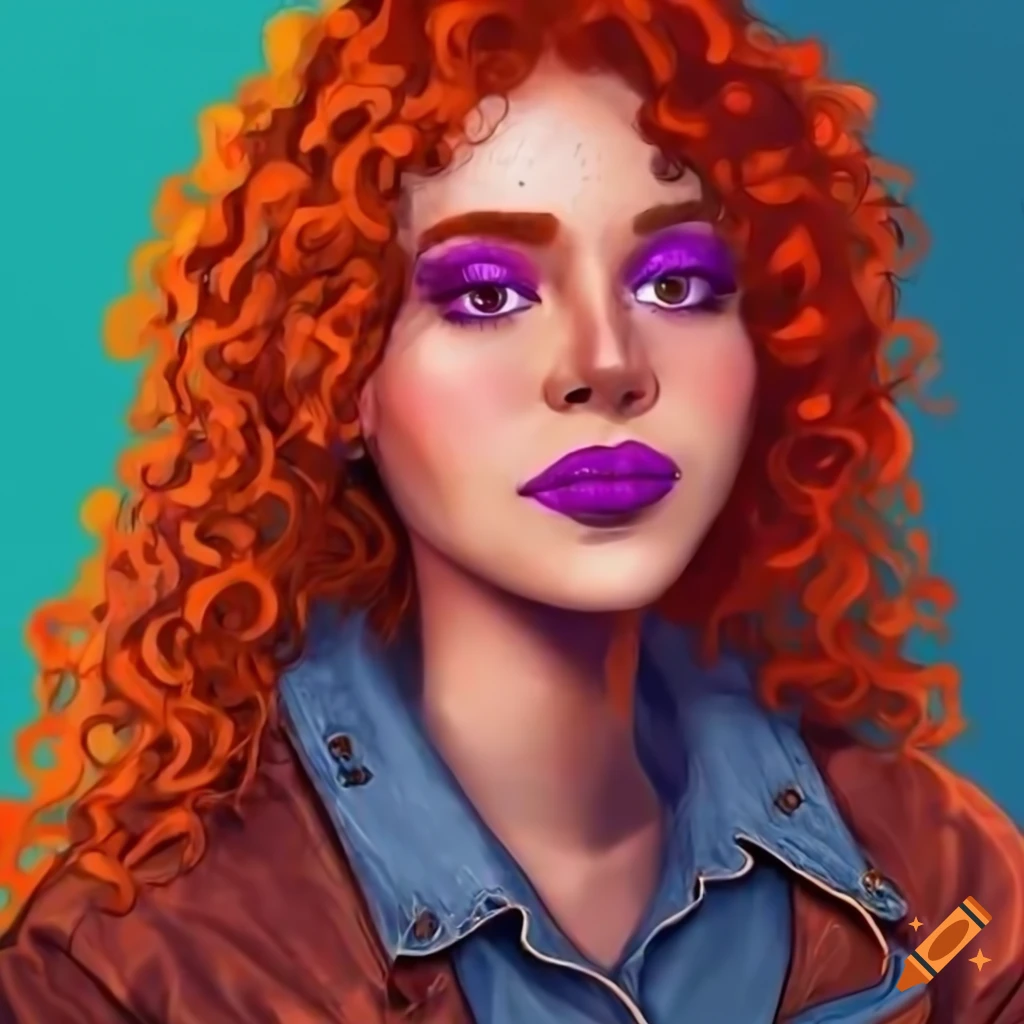Curly red-haired indigenous woman in leather jacket and cropped denim shirt