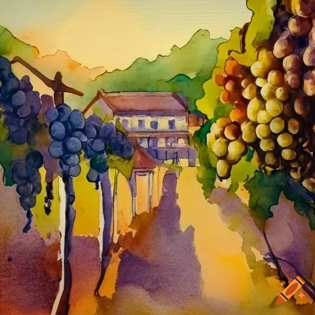 Watercolor painting of a grape estate in the evening with a vintage art look on Craiyon