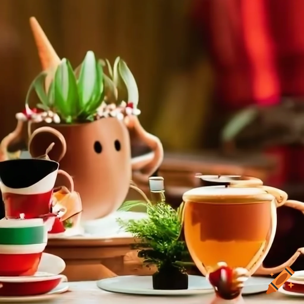 Smiling plant friends gathering for a tea party in a holiday scene
