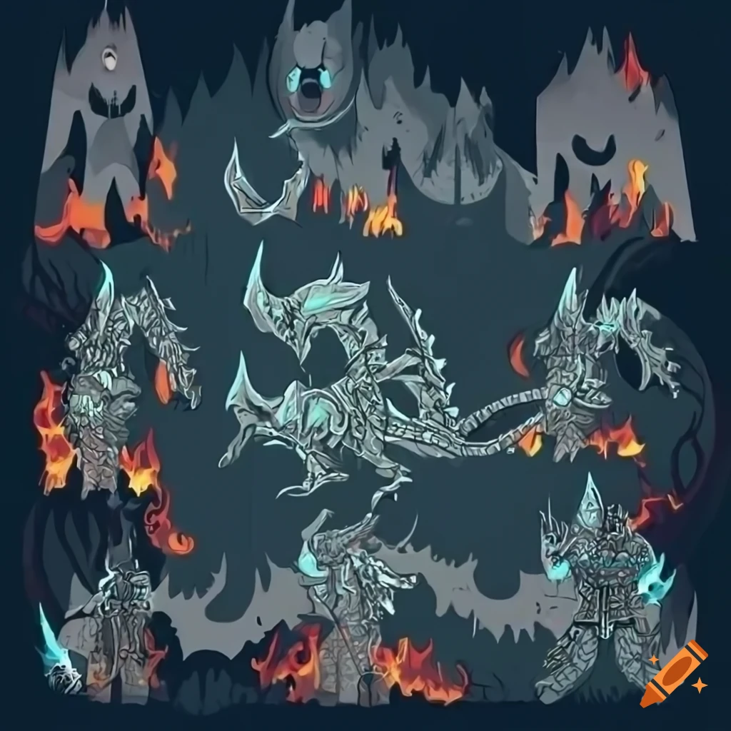 Cybernetic dragon warrior in armor with flowing flames in dark forest ...