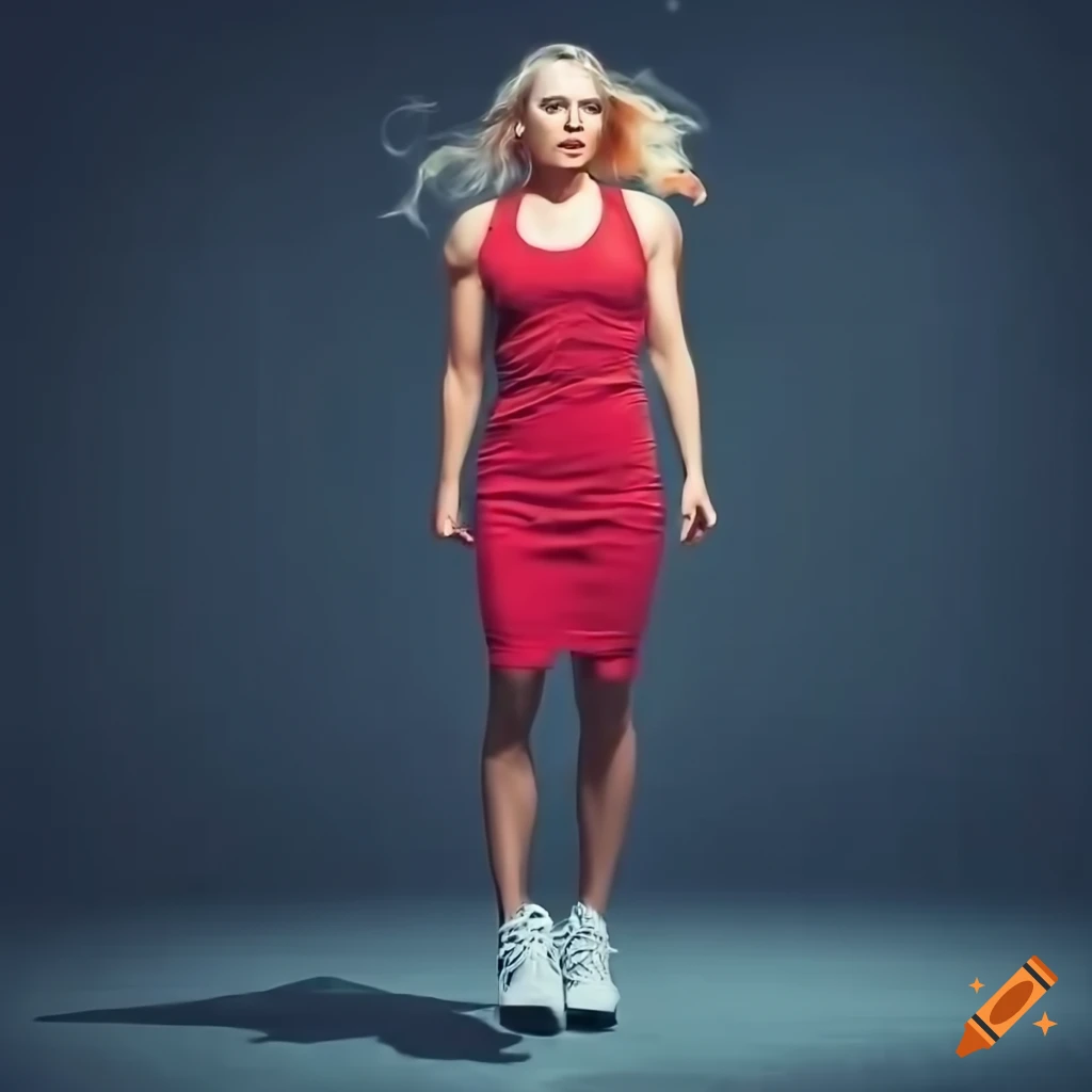 Blonde athletic woman happily climbing stairs with dress and sneakers