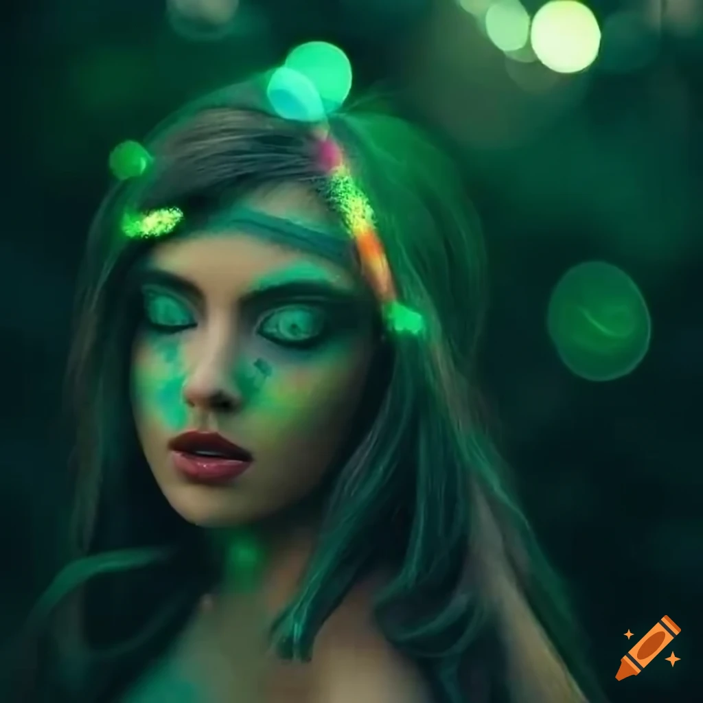 Nymph fairies sprinkling iridescent rainbow lights on closedeyed group