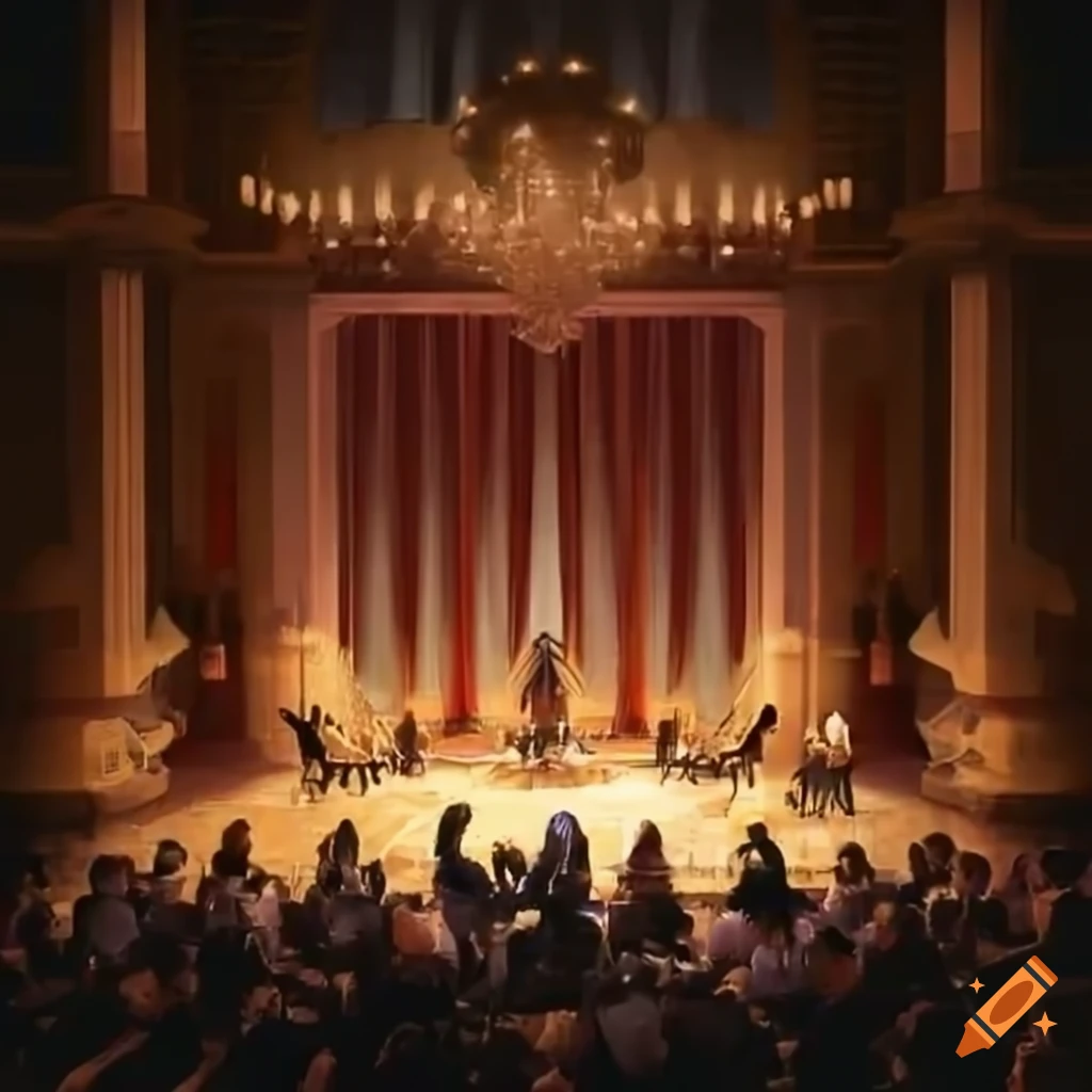 Grand hall with orchestra, dancing, and audience dining at tables