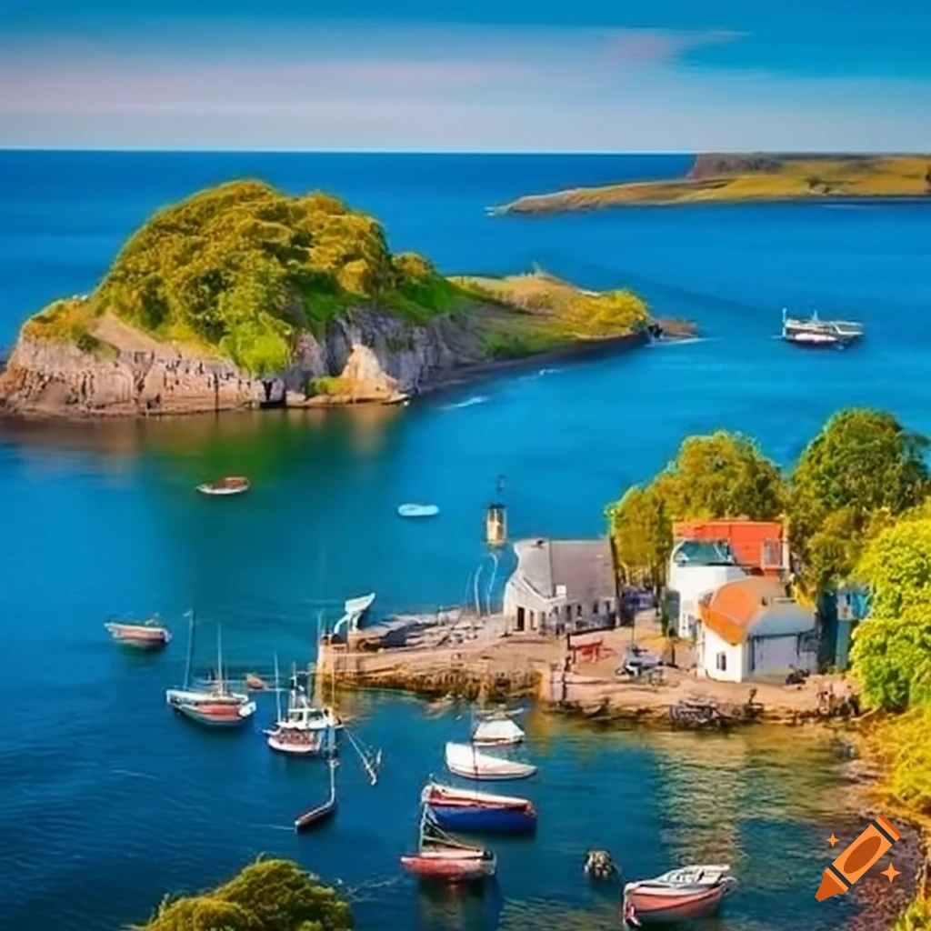 Idyllic cove in a calm bay with moored ships and vibrant marine activity