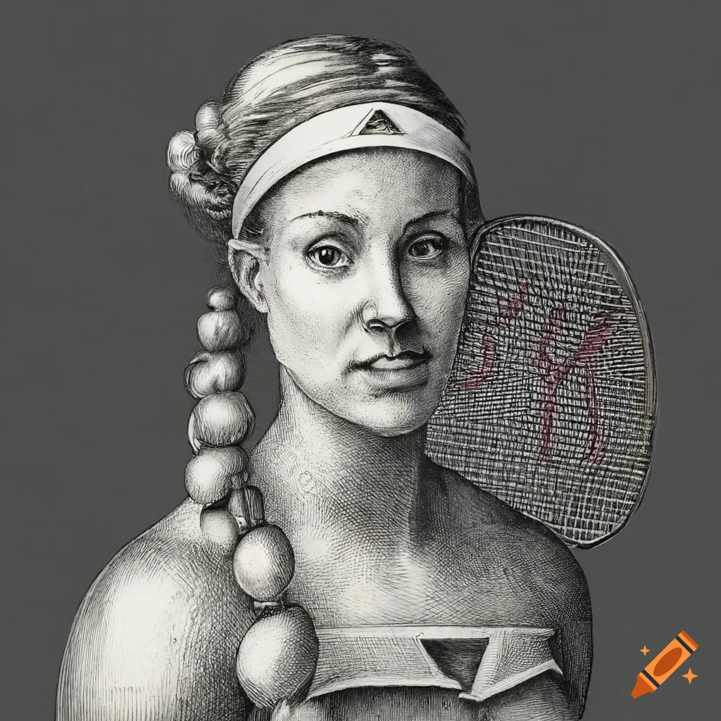 Etching of Angelique Kerber in the style of an Albrecht Durer engraving